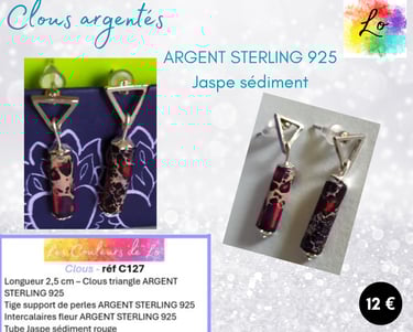 Boucles clous triangle Argent sterling 925 Jaspe sédiment Les Couleurs de Lo