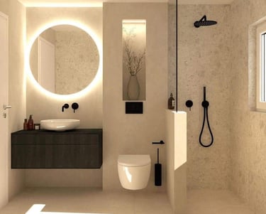 Modern beige bathroom featuring a backlit circular mirror, floating vanity, and walk-in shower with black fixtures.