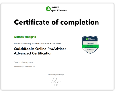 Hodgins Bookkeeping Advanced QuickBooks Online ProAdvisor Certificate Mathew Hodgins