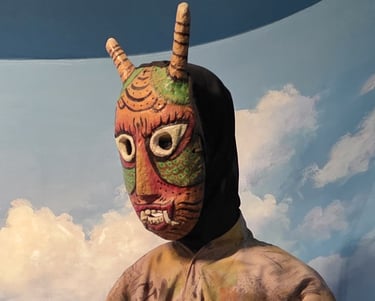 Goseong Ogwangdae mask and costume on display at the Hahoe World Mask Museum
