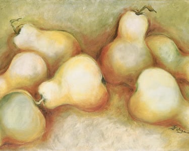 Painting of pears on a table by Sandra Forzani
