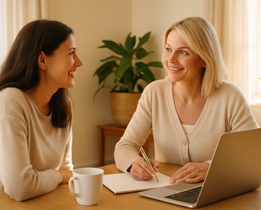 Individuelles Gesundheitscoaching – zwei Frauen sitzen am Tisch mit Laptop, Stift und Notizen und be
