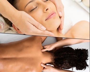 a woman getting a headmassage and back massage at a spa