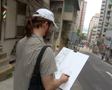 City sketcher Evgeny Bondarenko in Hong Kong