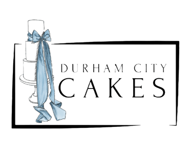 a cake with a blue ribbon tied to a cake logo