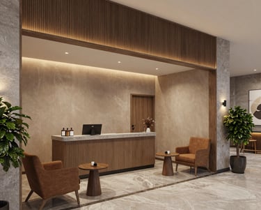 A sleek modern office lobby featuring polished marble floors and custom wood paneling by Magic Design Contracting.