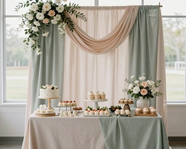 Baby shower venue setup, soft sage and blush draped fabric backdrop behind a dessert table, delicate floral garlands in white and pale peach hanging overhead, north-facing window light illuminating the full room composition