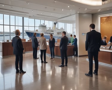 Technicians inspecting a large marine engine inside a shipyard workshop under bright industrial lighting.