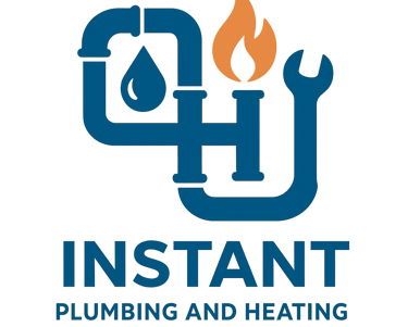 Instant Plumbing and Heating logo featuring blue pipes, a water droplet, a wrench, and an orange flame icon.