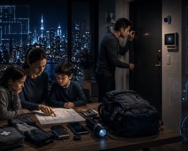 Family in high-rise apartment preparing emergency kit while using smart home security system at night.