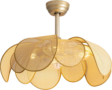 Modern boho woven rattan flower ceiling fan with hidden blades and light fixture.