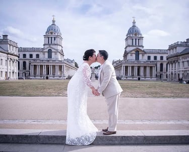 wedding couple standing in the grounds of the royal naval college greenwich