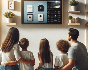 Familia tranquila observando su control de casa