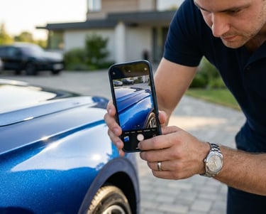 Inspection contradictoire minutieuse de l'état des lieux d'une auto  luxe propre par un convoyeur