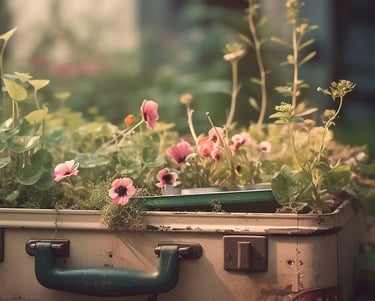 valise avec des fleurs plantées dedans