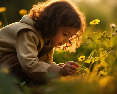 Enfant qui cueille une fleur jaune sous une lumière de soleil couchant, accès à la rubrique Les Apprentis Alchimistes