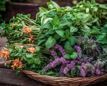 panier rempli de plantes et de fleurs cueillies avec amour