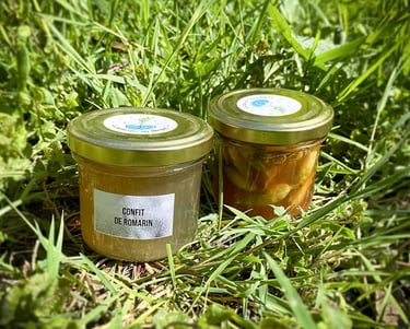 pots de confit et de pickles posés sur l'herbe, fait maison et entièrement naturel