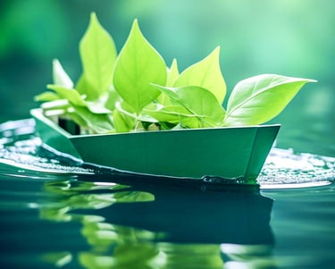 petit bateau en papier vert, qui contient des feuilles verte et qui flotte sur l'eau