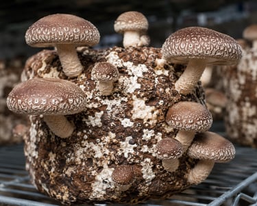 Organic shiitake mushrooms growing from a sawdust substrate block in a commercial indoor farm.