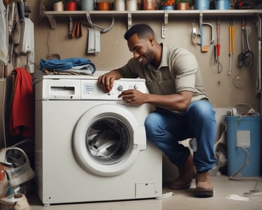 A smiling man repairs a front-loading washing machine in a well-organized laundry room or workshop.