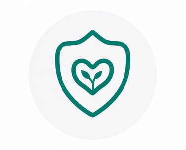 Green shield icon with a heart and plant sprout representing environmental protection and growth.