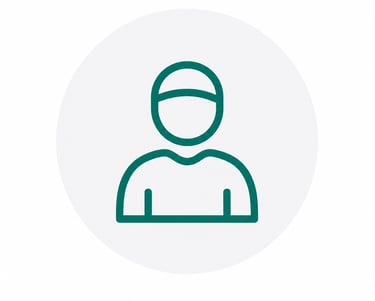 Minimalist teal profile icon of a person wearing a cap on a white circular background.