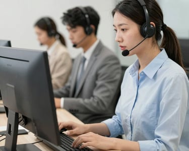 Happy business team collaborating over digital devices in a bright office.