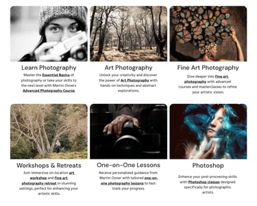 Overview of photography classes offered by Martin Osner, including art, fine art, workshops, private lessons, and Photoshop.