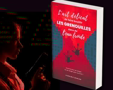 Femme menaçante avec une arme à la main, fond noir et image prom d'un roman thriller