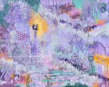 Textured abstract painting in lavenders, pinks, and yellows.