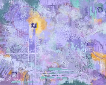 Textured abstract painting in lavenders, pinks, and yellows.