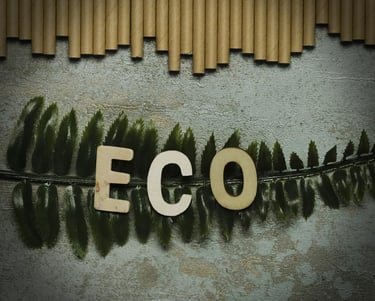fond béton avec décoration bois et feuille verte avec le mot éco