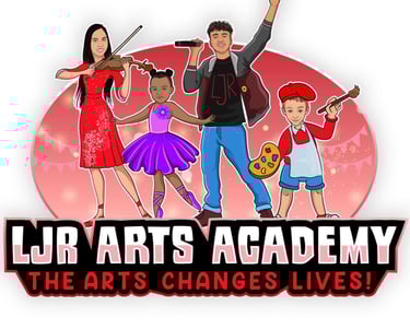 Kids as violinist, ballerina, singer, and artist above the company name LJR Arts Academy.