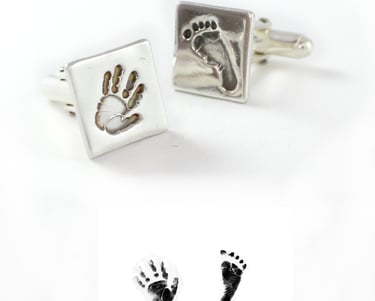Children's hand and footprints pressed onto sterling silver personalised cufflinks