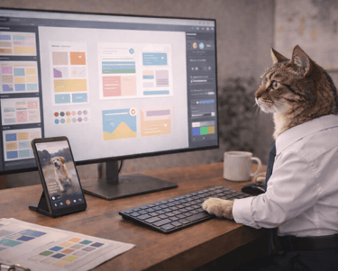 A cat in a business t-shirt and tie working on a computer monitor with web design layouts.