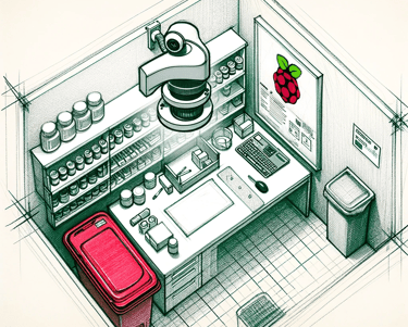 a kitchen with a red suitcase and a red suitcase