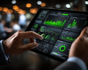 Tablet mostrando un cuadro de mando (dashboard) de Business Intelligence con gráficos de rendimiento