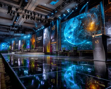 Escenario de conferencia internacional de alto nivel con pantallas mostrando visualización de datos 