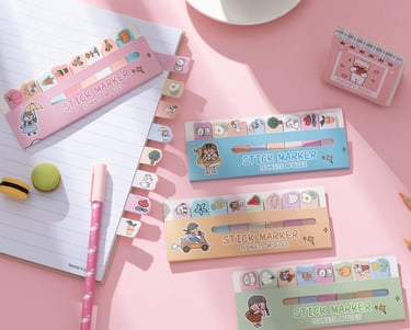 Set di stick marker kawaii adesivi, segnapagina colorati e decorativi per agende e libri