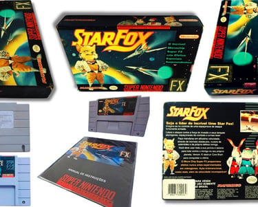 Star Fox é um dos jogos lançados pela Playtronic, aqui tem a caixa, o cartucho, manual e a poster