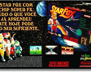 Star Fox é um dos jogos lançados pela Playtronic, aqui tem a caixa, o cartucho, manual e a poster
