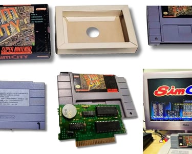 SimCity é um dos jogos lançados pela Playtronic, aqui tem a caixa, o cartucho, manual e a tela do jo