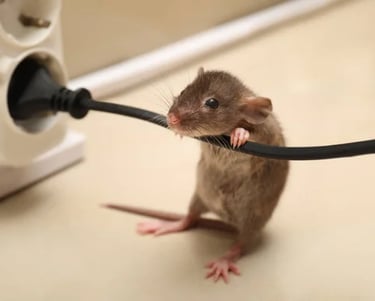 Petit rat brun qui s'apprête à ronger un fil électrique.