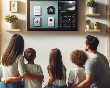 Familia tranquila observando su control de casa
