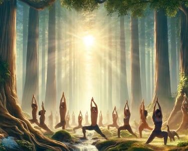 a group of people doing yoga in a forest