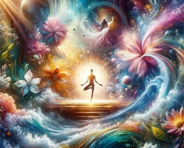 a man standing on a stairway case with a woman in a white dress