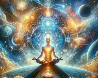 a person sitting in lotus position in front of a large image of a man with