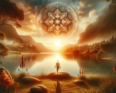 a person standing in front of a lake with a sun setting