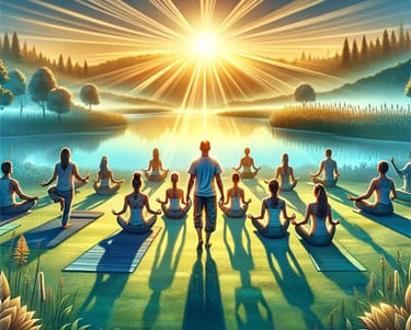 a group of people doing yoga in a field